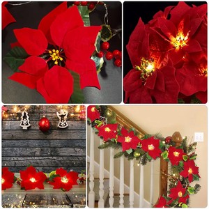 Flores de Pascua Artificiales de Seda Rojas para Navidad, Ramilletes de Pascua Artificiales, Flores Rojas de Navidad, 7 Cabezas, Pascua de Terciopelo - Product Image 3