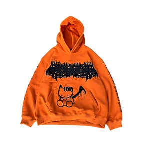 Sudadera con Capucha y Estampado Gráfico Naranja, Unisex, Estilo Urbano, con Diseño de Gato - Product Image 1