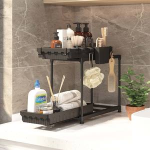 Cesta de almacenamiento extraíble debajo del fregadero de 2 niveles, organizador de cajones de gabinete deslizantes de plástico para organización de cocina y baño - Product Image 4