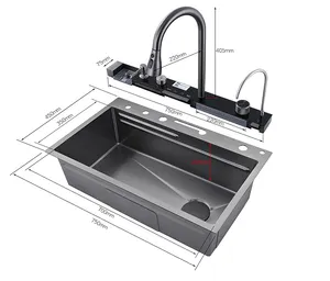 Modern Single Bowl Stainless Steel Kitchen Sink Handmade Digital Display Waterfall Bottom Anti-Rust Anti-Scratch Black Square