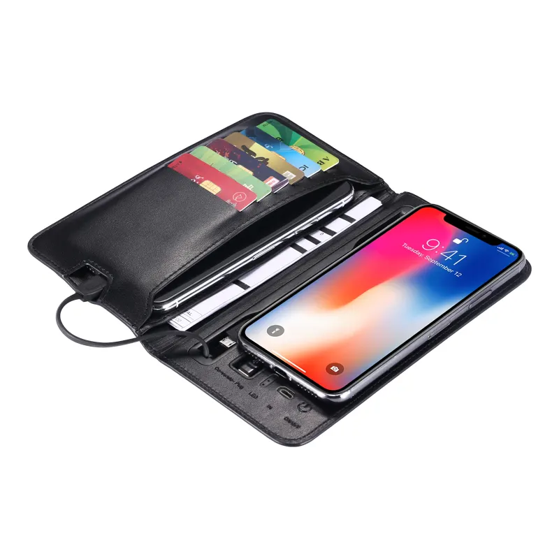Business style wireless charger leather wallet with power bank and cable