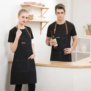 Durable Cowboy Work Uniform With Leather Strap BBQ Apron Kitchen Chef Barista Apron For Coffee Shop