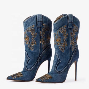 Large Size 44 Denim Short <b>Pants</b> <b>Boots</b> Thin High Heels Pointed Toe Embroidered Ankle Booties Women's Trend on Jeans Shoes - Product Image 2