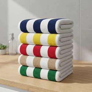 Serviettes de bain compressées élégantes et absorbantes en 80 % coton 20 % polyester à rayures cabana, hypoallergéniques et à séchage rapide, et tapis de bain tissés pour la maison - Product Image 1