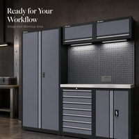 Banc de travail robuste à double unité, armoire de rangement modulaire pour atelier avec tiroirs, portes verrouillables et panneau perforé