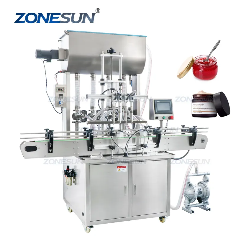 ZONESUN-ZS-YT4T-4PM automático, máquina de llenado de botellas de pasta de alta viscosidad, deshuesador, mantequilla, crema mezcladora