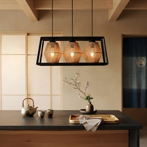 Suspension trapézoïdale à 3 lumières, abat-jour en rotin tressé à la main, lampe suspendue Japandi pour îlot de cuisine - Product Image 4