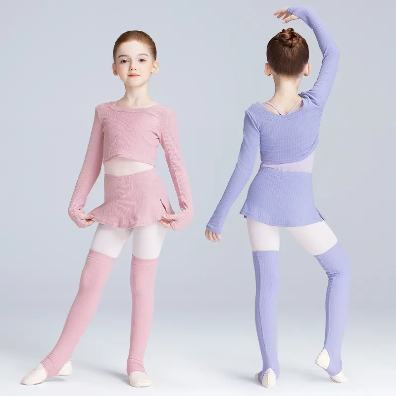 Çocuk bale dans takım elbise sonbahar kış kızlar sıcak dans spor üst & etekler & tayt 3 parça kazak takım elbise