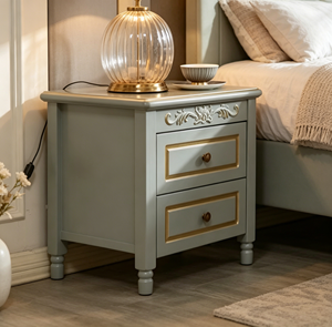 Elegant Gray Modern Farmhouse Style Nightstand with Gold Trim and Carved Details Two-Drawer Design for Bedroom Decor - Product Image 6