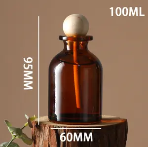 Botol aromaterapi kaca Diffuser, wadah lilin kosong aroma rotan tanpa api dengan topi kosmetik bambu