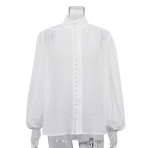 Camicetta da <span class=keywords><strong>donna</strong></span> casual in <span class=keywords><strong>cotone</strong></span> bianco trasparente con colletto alla coreana e bottoni, a maniche lunghe, collezione Estate 2026 - Product Image 3