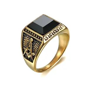 Freemason Jewelry AG Logo Vintage Masonic Black Gemstone Gold Mens 316L Stainless Steel Ring