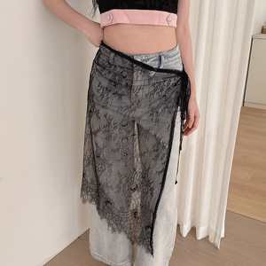 Falda <span class=keywords><strong>Midi</strong></span> de Cintura Alta con Abertura Lateral y Encaje, Estilo Y2K, Ropa Urbana para Mujer, Falda Peplum con Lazo, Falda Vaquera, Accesorios, Falda Corta - Product Image 2