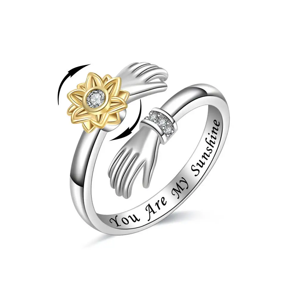 แหวนเงิน925ดอกทานตะวัน CZ บรรเทาความวิตกกังวลแหวนกอดคุณเป็นคู่ของฉันหมุนวงแหวนสำหรับเด็กผู้หญิงของขวัญสำหรับงานเลี้ยง