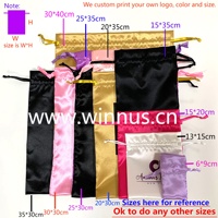 Pochette de rangement pour extensions de cheveux naturels avec logo personnalisé, sacs d'emballage pour perruques, sacs à cordon en satin de soie noir pour mèches de cheveux