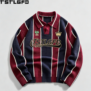 Pull Polo Rayé OEM/ODM Lourd Brodé Style Universitaire Vintage Tricoté Streetwear Vente en Gros - Product Image 4