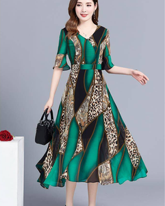 Thời Trang Phụ Nữ Ngắn Tay Áo Leopard In Chắp Vá Mùa Hè Midi Dress Phụ Nữ Kích Thước Lớn Quan Hệ Nhân Quả Dresses - Product Image 5