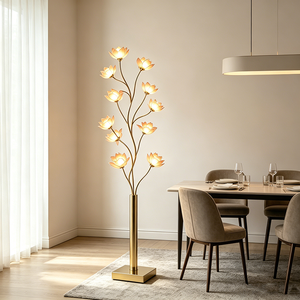 Lampadaire LED Moderne BGST <span class=keywords><strong>Lotus</strong></span>, Base E26, Abat-jour Doré en Fer et Verre, Design Floral, pour Salon, Chambre, Hôtel, Villa - Product Image 4