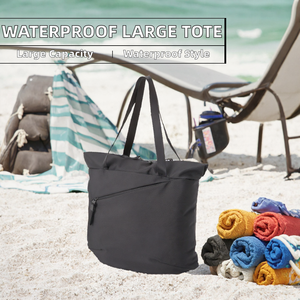Sac fourre-tout en nylon noir grande capacité, imperméable, sac à bandoulière avec fermeture éclair, pour la plage, les voyages et l'usage quotidien - Product Image 2