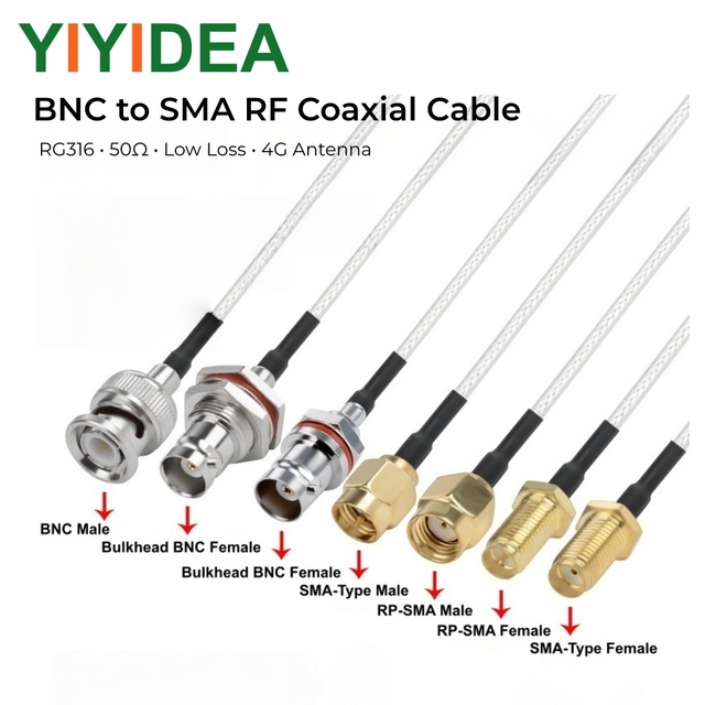 RG316 BNC SMA-Type Bulkhead RF Coaxial Cable BNC Male Female SMA-Type Panel Mount Adapter 50 Low Loss Jumper Wire Double