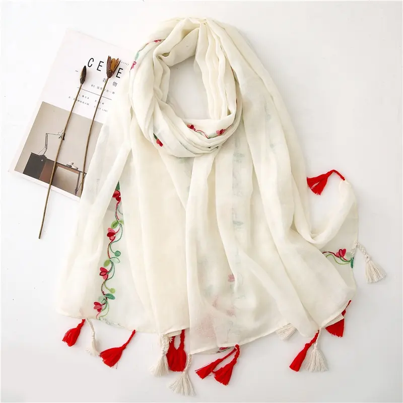 Шарф В южнокорейском стиле, однотонная белая красная коса с вышивкой, шарф с кисточкой, большая шаль, тонкий шарф