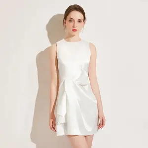 Hàng Mới Về Thời Trang Cổ Tròn Satin Ruched Không Tay Mini Đảng A Line Dresses Cho Phụ Nữ