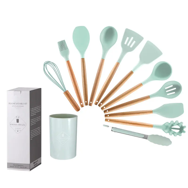 Set di utensili da cucina con manico in legno di Silicone 12 pezzi manico in faggio spatola antiaderente Clip per cucchiaio secchio per pentole scatola dei colori cucina da forno