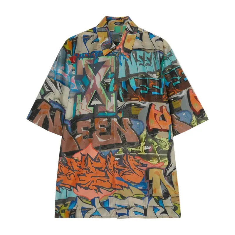 Hand Graffiti Graphic Oversize Short Sleeve Shirt TWILL Fabric Woven Printed Casual Custom Wholesale High Quality Summer for Men
