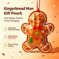 Pochette de Noël en forme d'homme en pain d'épices avec fermeture éclair, trou de suspension, sac en plastique imperméable découpé sur mesure pour aliments pour bébés, cadeaux de fêtes