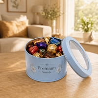 Boîte à collation ronde en métal personnalisée avec couvercle transparent pour biscuits, gâteaux, chocolats, bonbons, noix, emballage en vrac OEM ODM