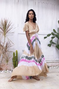 Hecho a mano personalizado Tie-Dye Maxi vestido borla corbata cuello Boho señora Resort desgaste noche fiesta playa gran oferta caftán vestido Natural - Product Image 5