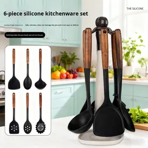 <strong>7</strong>-Pcs Non-stick Soft Silicone Kitchenware Set with <strong>Wood</strong> Hand Grip Silicone Spatula Soup Noodle Spoons High Temperature Resistant - Product Image 1