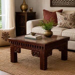 Hand-Carved <b>Solid</b> <b>Wood</b> Coffee <b>Table</b> with Marble <b>Top</b> | Traditional Low Floor Seating Center <b>Table</b> - Product Image 5
