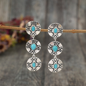 Vente en gros Western Cowboy Retro Turquoise Ethnique Exagéré Alliage Boucles d'Oreilles Pendantes Femmes Trois Concho Design Complexe Turquoise - Product Image 1