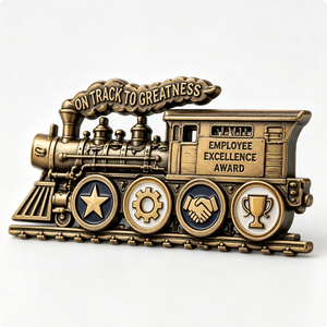 Trophée de l'Excellence des Employés, en laiton plaqué or, design train, artisanat en métal moulé 3D, cadeau d'affaires - Product Image 1