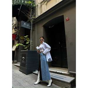 <b>Black</b> Denim <b>Long</b> <b>Skirt</b> Front Slit Button Decoration Casual Formal Style for All Seasons Asymmetric Print Washed Technique Light - Product Image 3