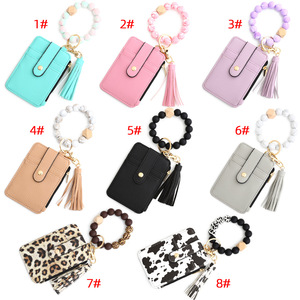 Borsa per carte con stampa leopardata portafoglio in pelle PU portachiavi da donna in legno con perline in Silicone bracciale con cerniera portachiavi a portafoglio - Product Image 4