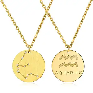 Zodiac Necklace for Women Perfect Stainless Steel 18K Gold Plated Round Disc Coin Engraved Astrology Choker Necklace Jewelry