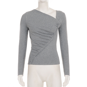 Top europeo picante con hombros descubiertos, fruncido, ajustado, de manga larga, elegante, diseño favorecedor, camiseta versátil - Product Image 6