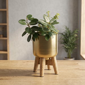AK Laiton Doré Petit Mini Jardinière Décorative Avec Support En Bois Pour Fenêtre Balcon - Product Image 1