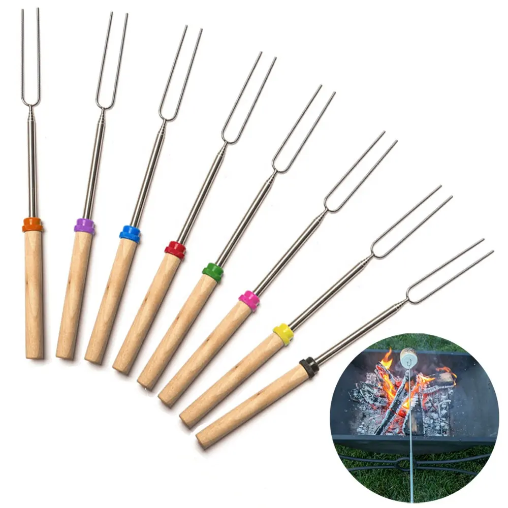 Marshmallow Brat stangen Holzgriff Teleskop gabeln 32 Zoll für Camping Herd BBQ Tools