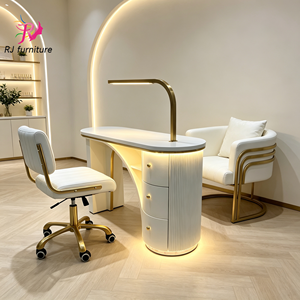 Table de manucure blanche de luxe avec éclairage LED, lampe de bureau dorée, 3 tiroirs de rangement, panneau cannelé, table de salon de manucure moderne - Product Image 1