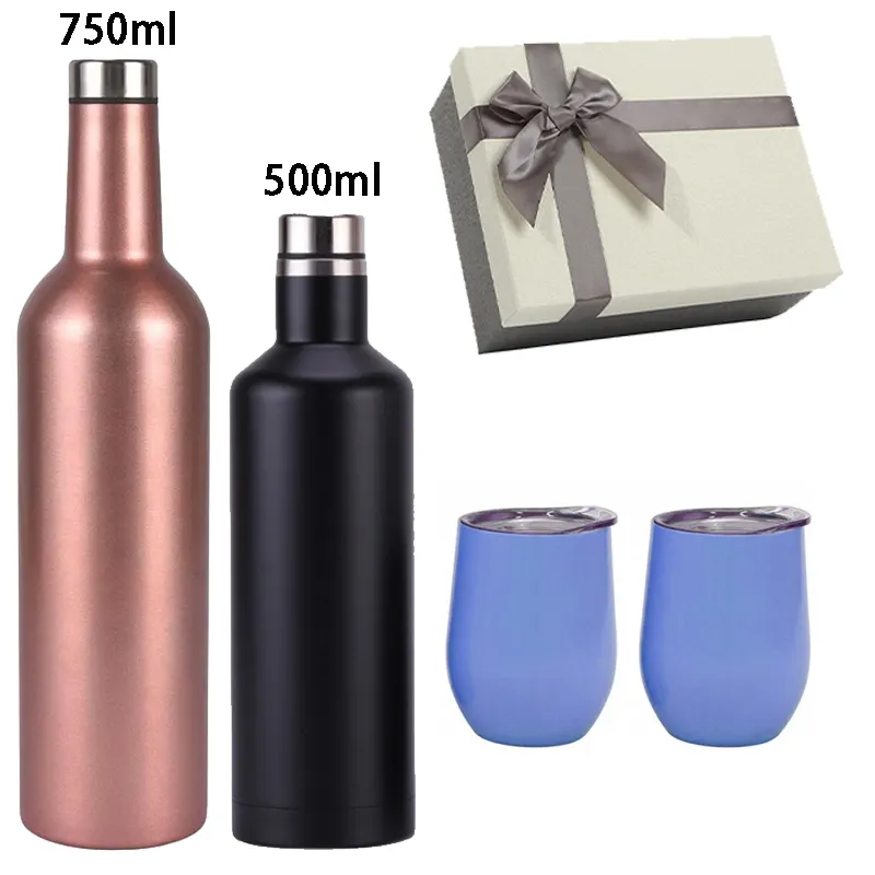 Tragbares neues Design Metall Doppel flasche Geschenkset Isolierte Wasser flasche Thermo flasche Vakuum flasche benutzer definiertes Logo 3 Stück Wein becher