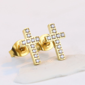 Cross <b>Stud</b> Earrings 6Mm Stainless Steel Zircon Inlay Channel Setting Everyday Wear Gold <b>Silver</b> Color - Product Image 3