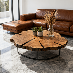 Mesa Auxiliar Redonda de Madera Maciza con Borde Natural y Base de Pedestal de Acero, Mueble de Café de Lujo Contemporáneo para el Hogar - Product Image 1
