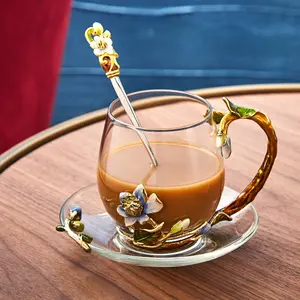 RORO Promotion Gift Jasmine Flower Glass Crystal Drinking Water Coffee Tea Juice Cup With Coaster Spoon For Gifts