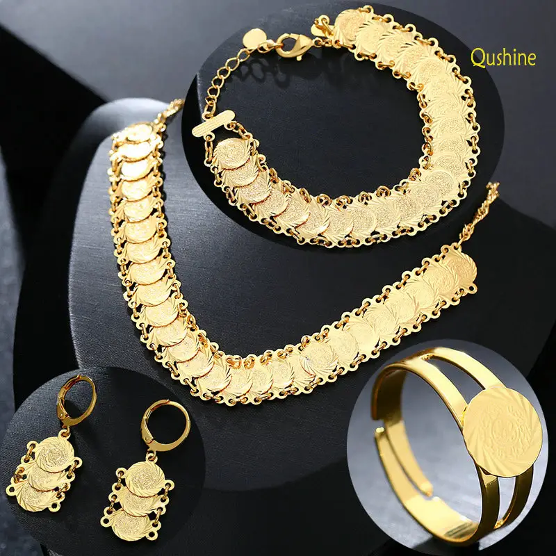 Qushine Frauen Münze Halskette Lange Ohrringe Braut Luxus Armband Verstellbarer Ring Arabian Golden Jewelry Sets