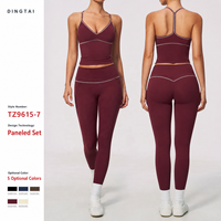 Ensemble de yoga et pilates Dingtai pour femme avec col en V et passepoil contrastant, haut court dos en Y et leggings brossés taille haute effet push-up, tenue de sport