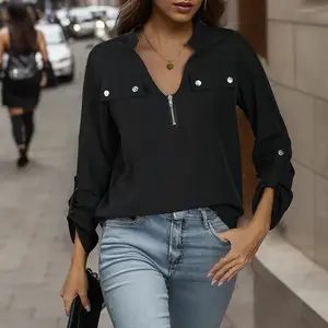 2024 봄 여성 지퍼 V-넥 블라우스 블랙 디자인 로고 사무실 셔츠 & 블라우스 여성용