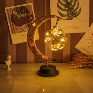 L prezzo all'ingrosso romantico Rattan stella di vetro che desidera sfera luci notturne a batteria fatta a mano corda di canapa luna lampada